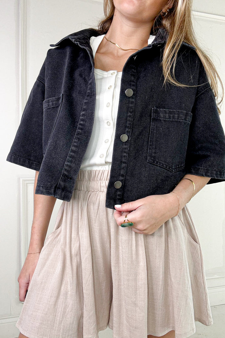 Button Up Short Sleeve Denim Crop Jacket