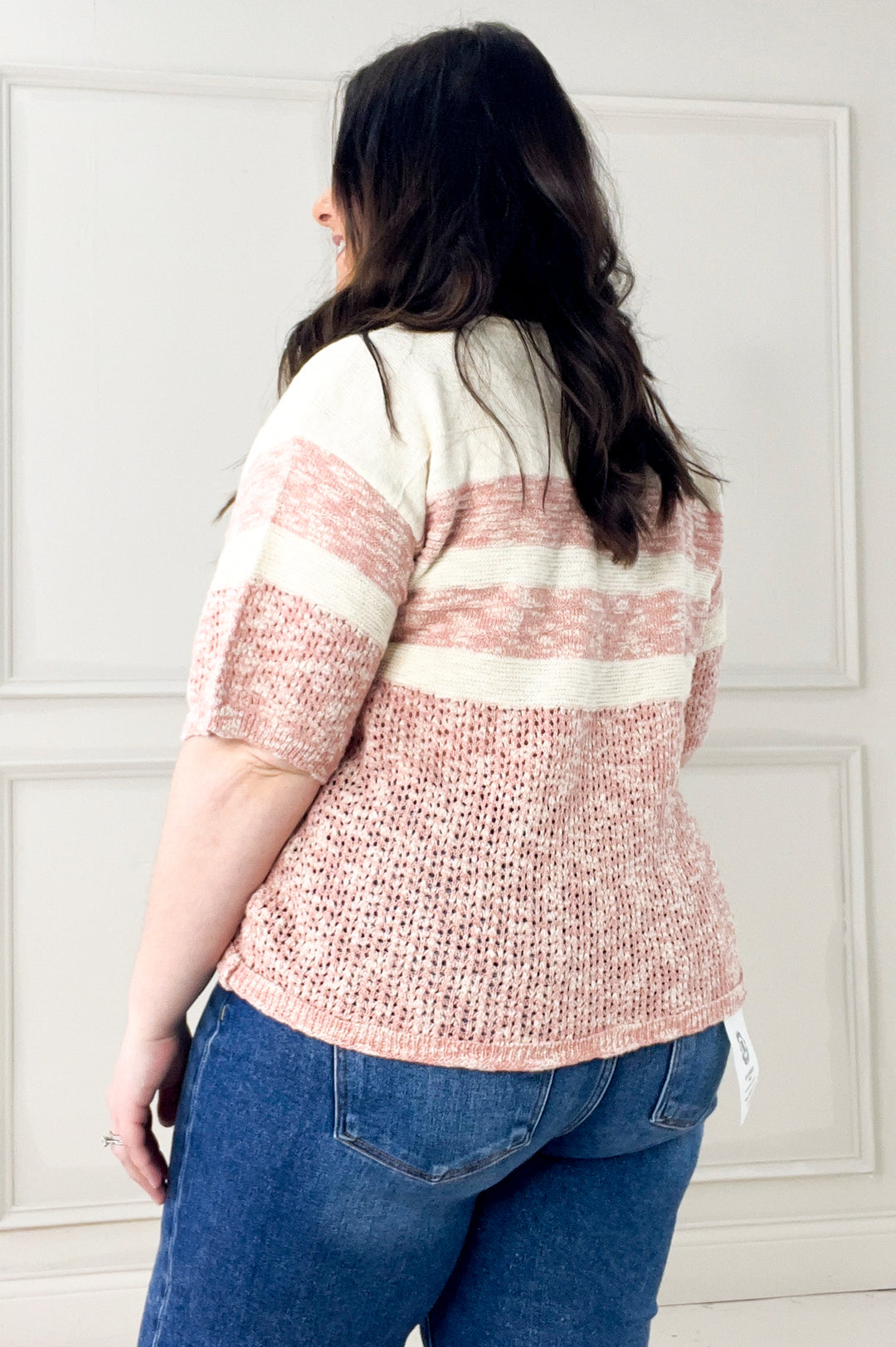 Stripe Color Block Textured Half Sleeve Sweater