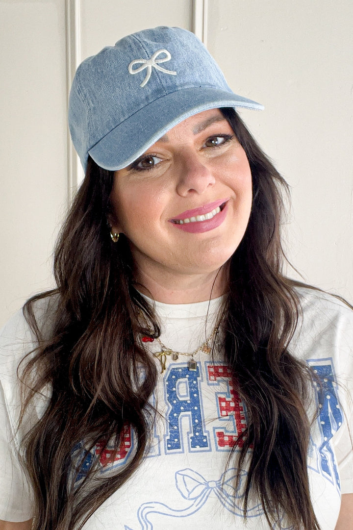 Embroidered Bow Denim Ball Cap