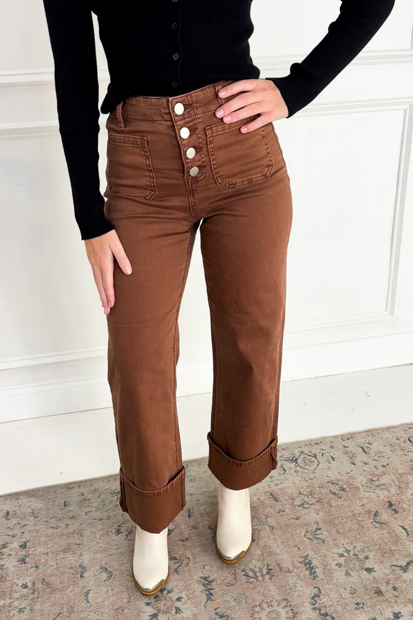 Risen Patch Pocket Hi Rise Wide Cuffed Espresso Jeans