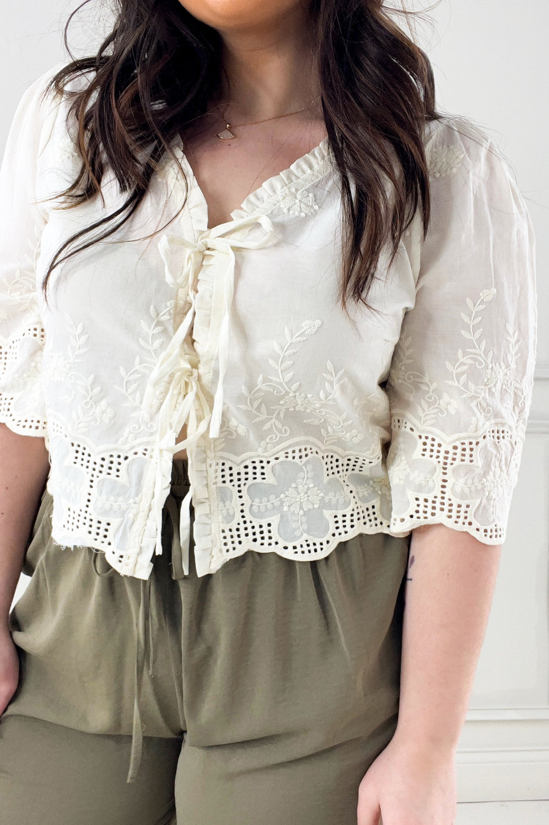 Floral Embroidery Tie Front Blouse
