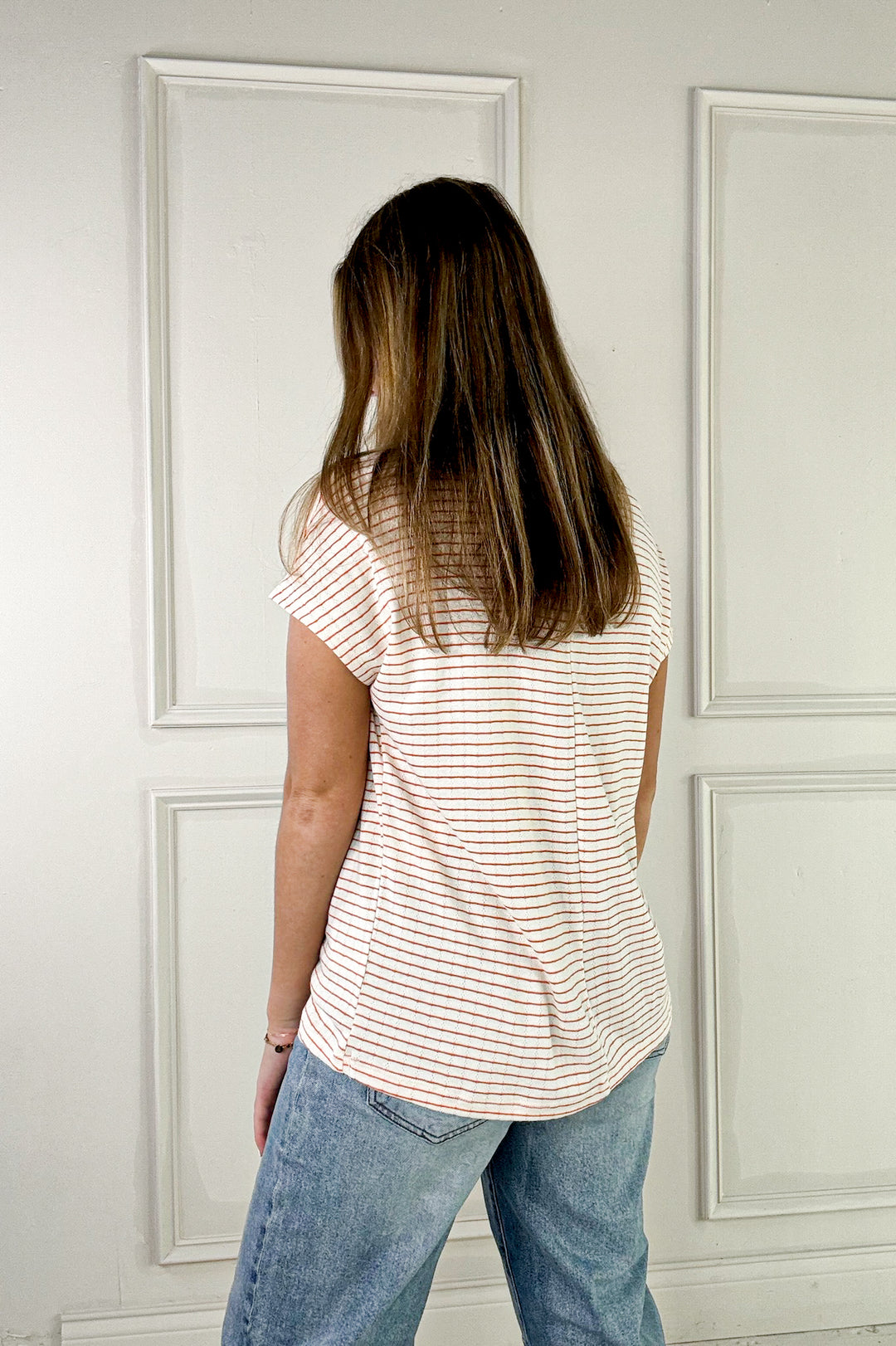 Pointelle Striped Short Sleeve Top