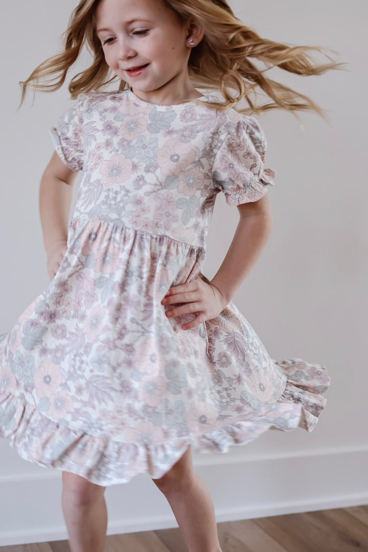 Kids Puff Sleeve Vintage Floral Dress