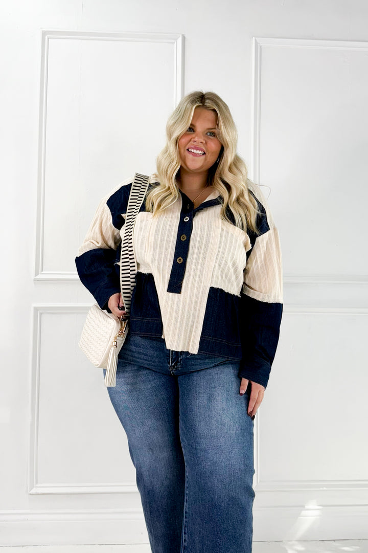Denim Patchwork Button Down Waffle Knit Curvy Top