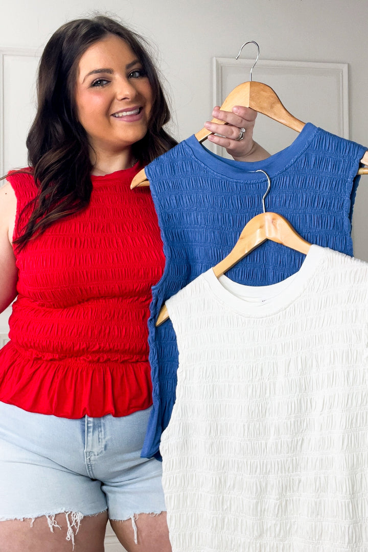 Smocked Ruffle Hem Knit Tank Top