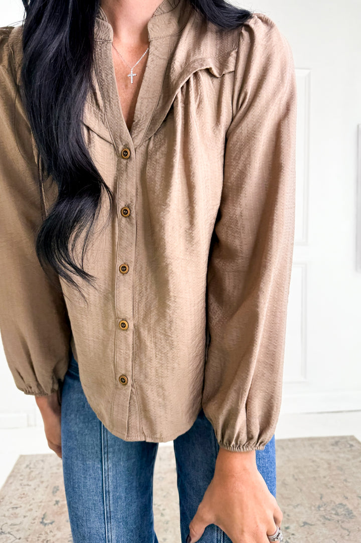 Ruffle Neck Button Down Long Sleeve Top