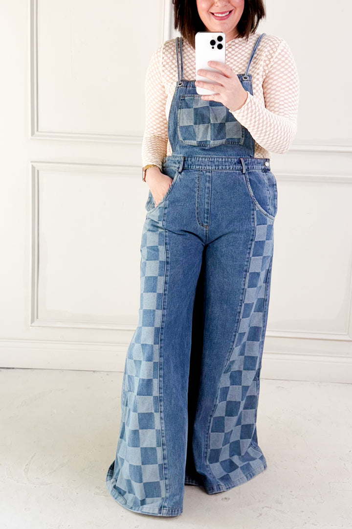 Checker Mix Denim Wide Leg Overall Jumpsuit