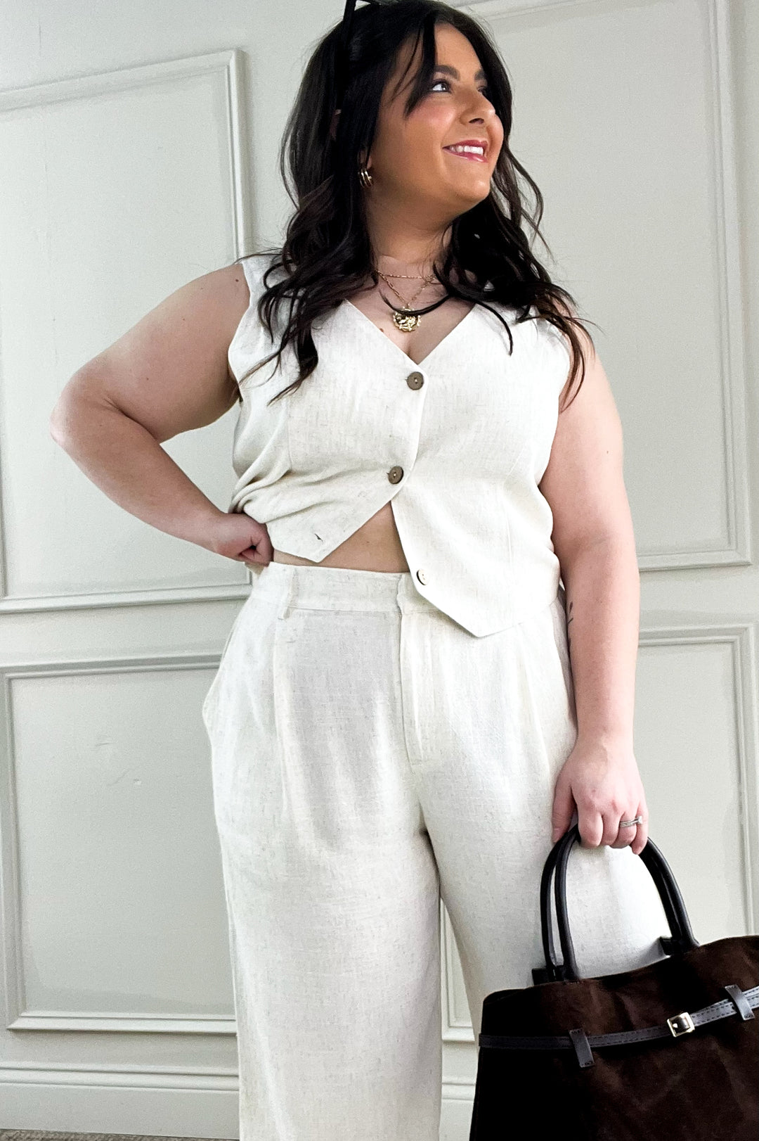 Linen Cropped Button Down Vest