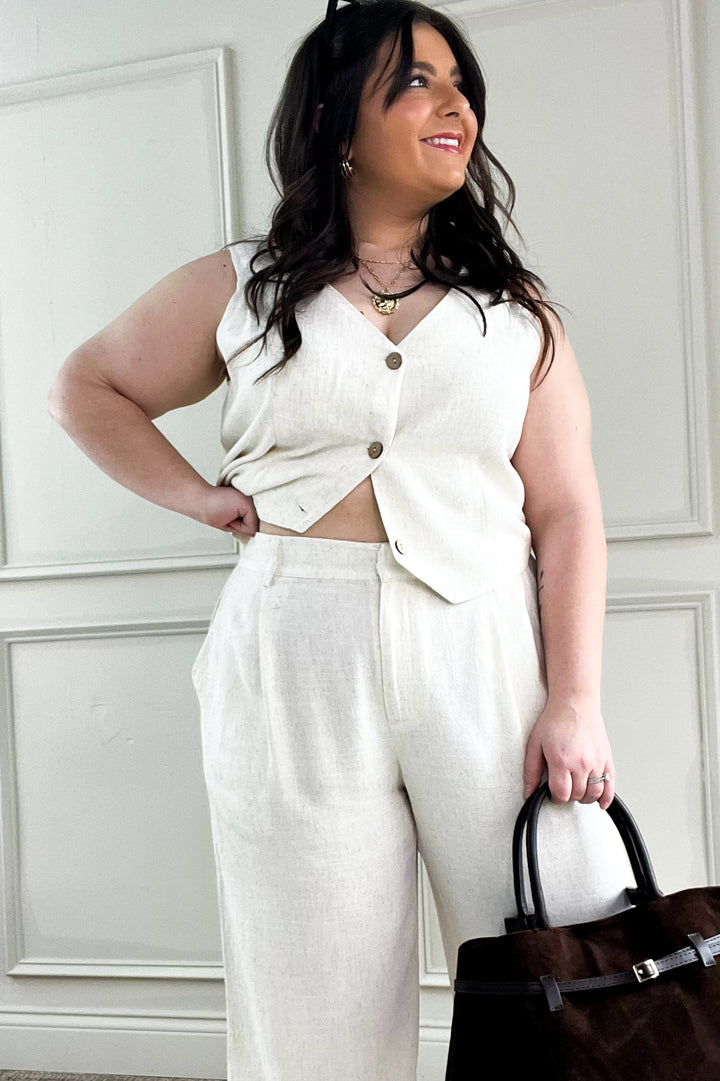 Linen Cropped Button Down Vest