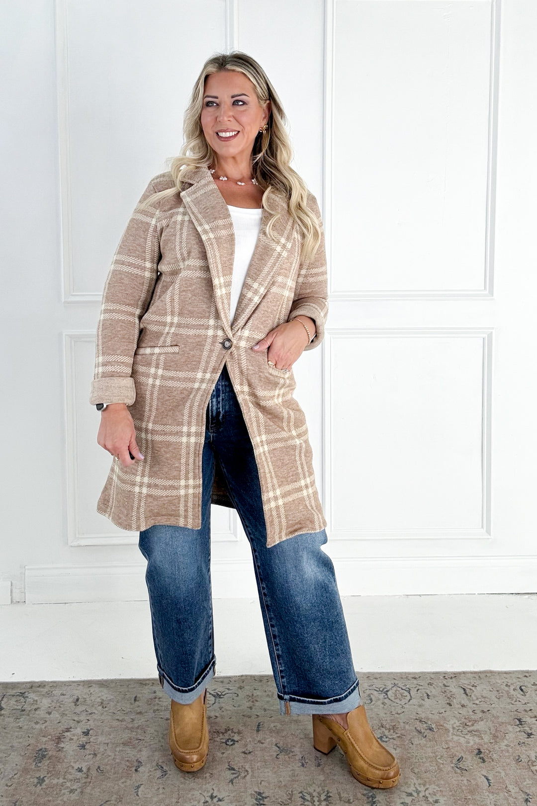Kenzie Lapel Plaid Longline Coat