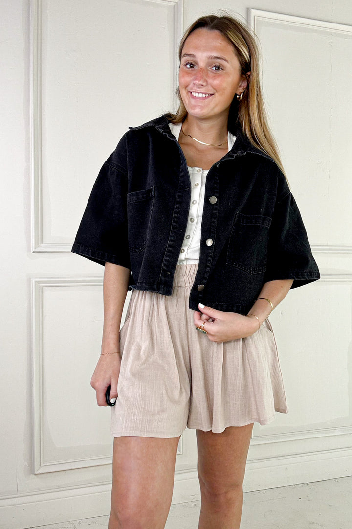 Button Up Short Sleeve Denim Crop Jacket