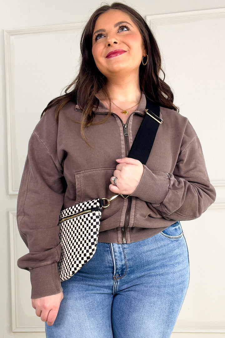 Acid Wash High Collar Zip Up Sweatshirt