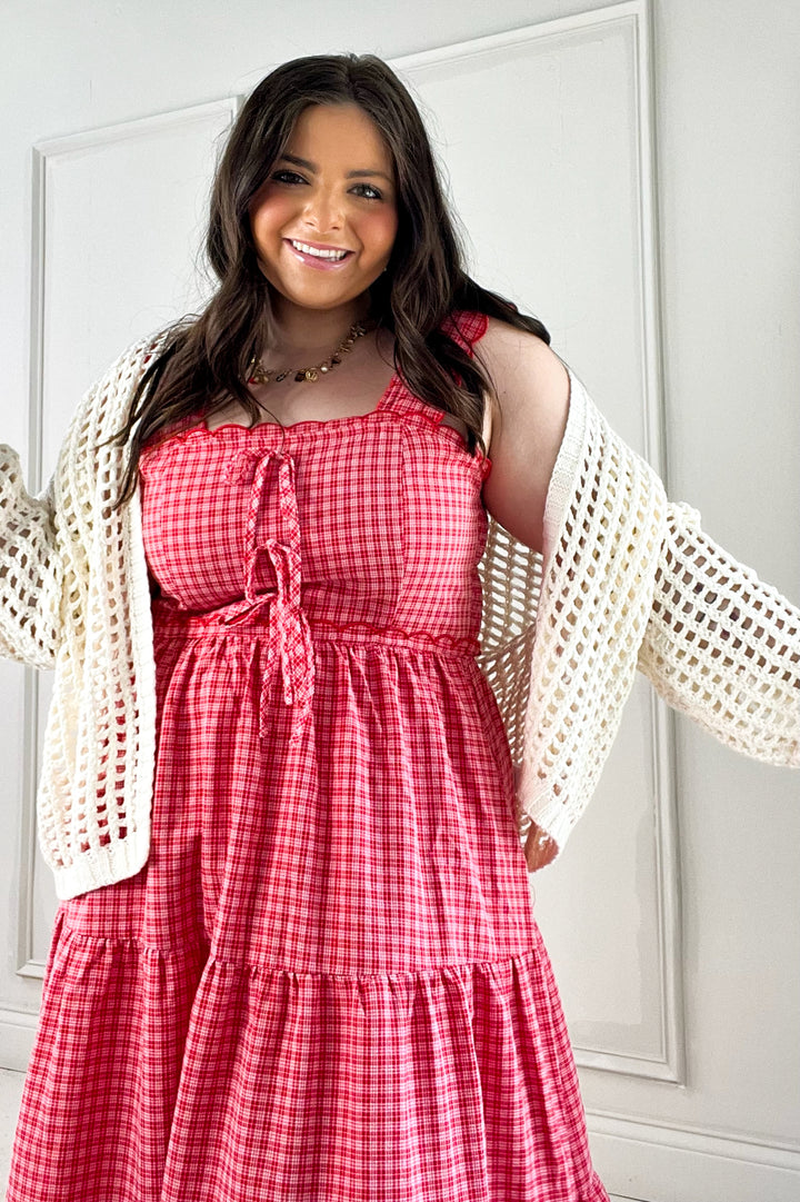 Gingham Tiered Scalloped Detail Midi Dress