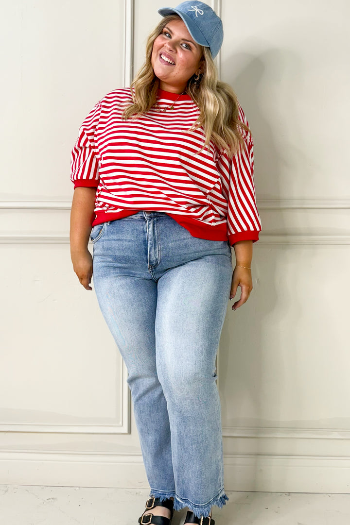 Striped 3/4 Sleeve Pullover Curvy Top