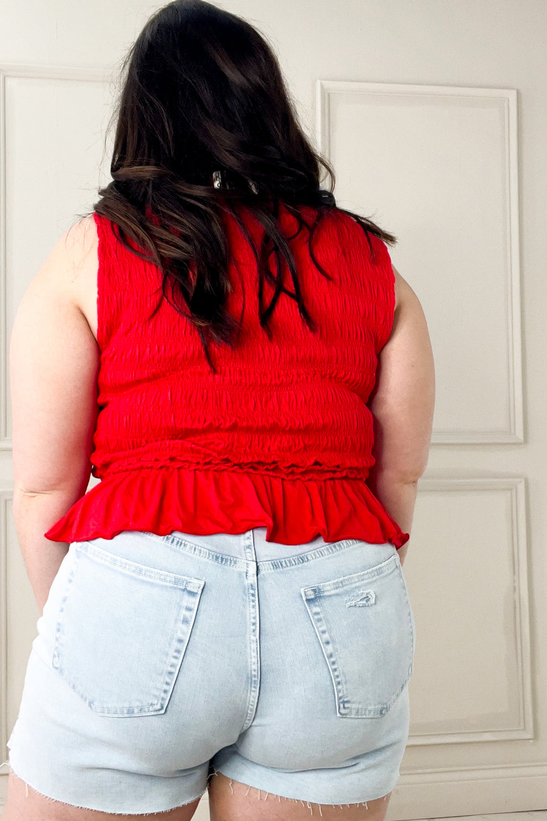 Smocked Ruffle Hem Knit Tank Top