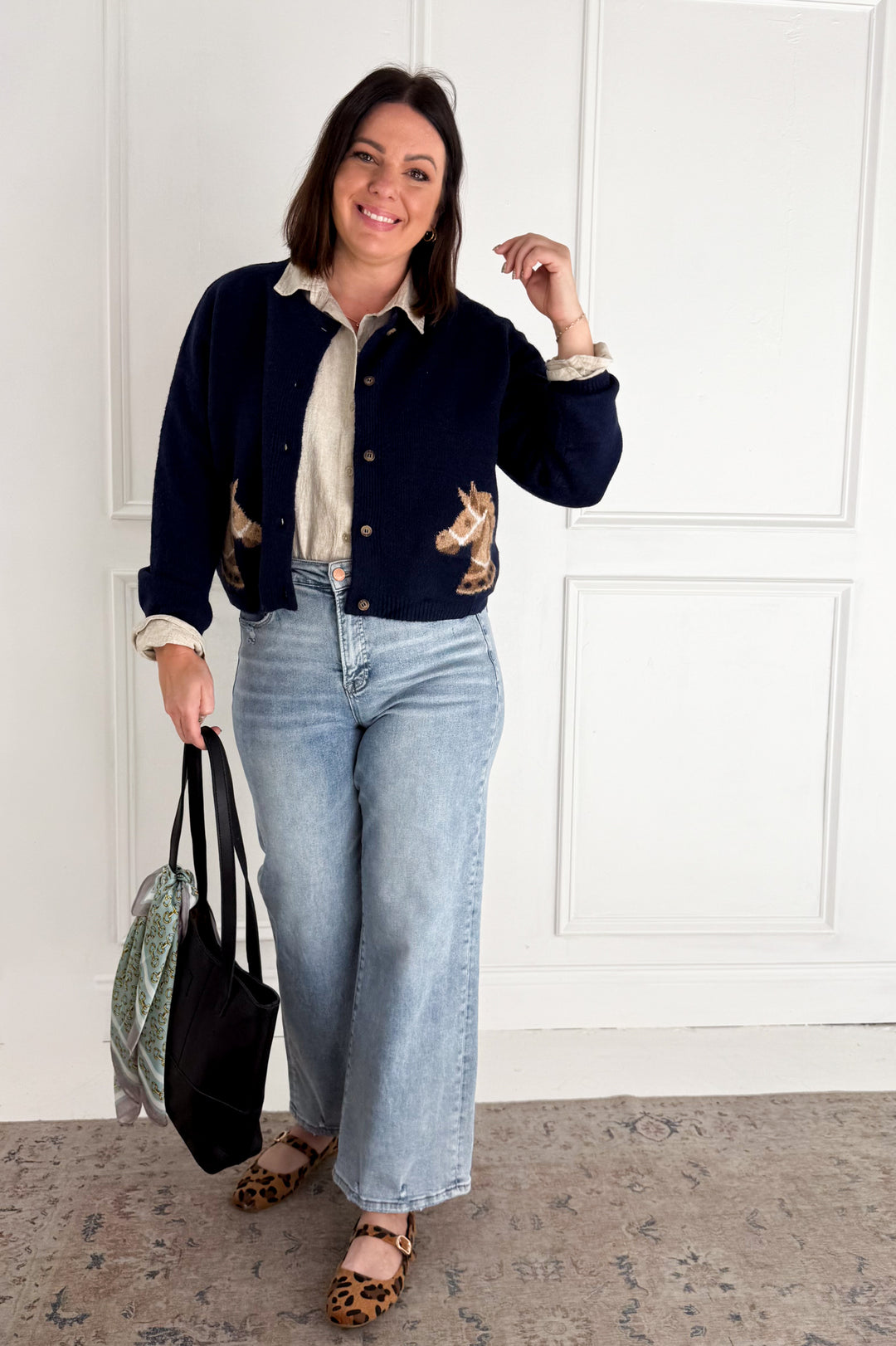 Horse Jacquard Long Sleeve Button Down Cardigan