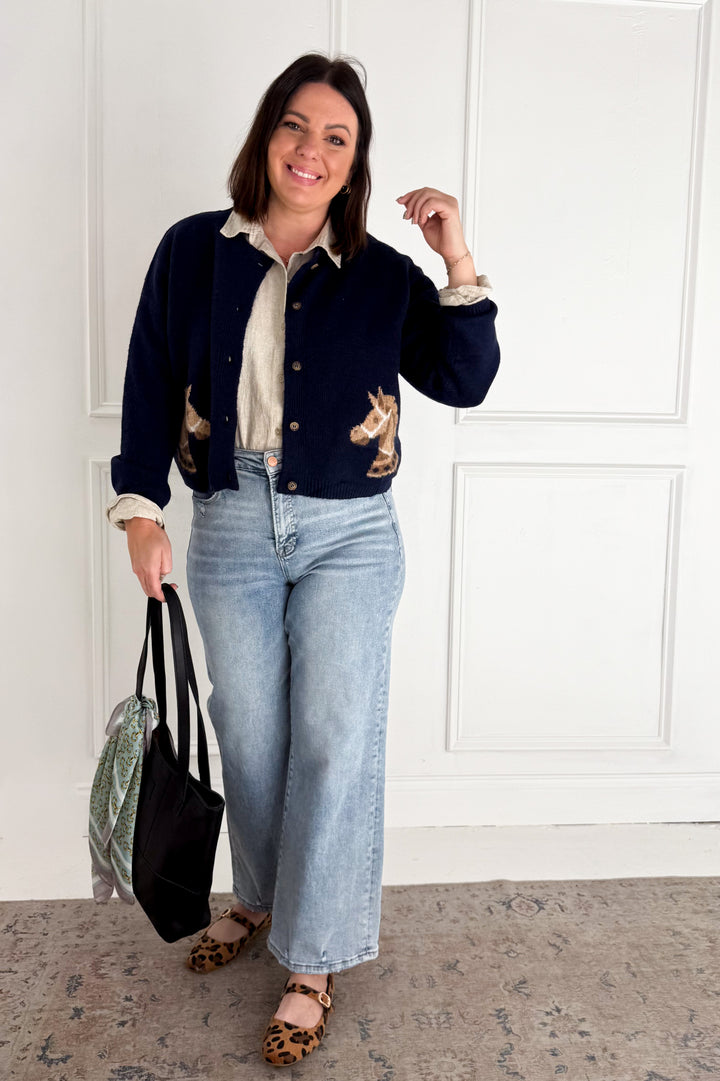 Horse Jacquard Long Sleeve Button Down Cardigan