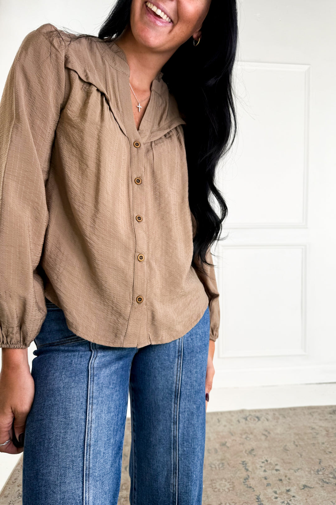 Ruffle Neck Button Down Long Sleeve Top