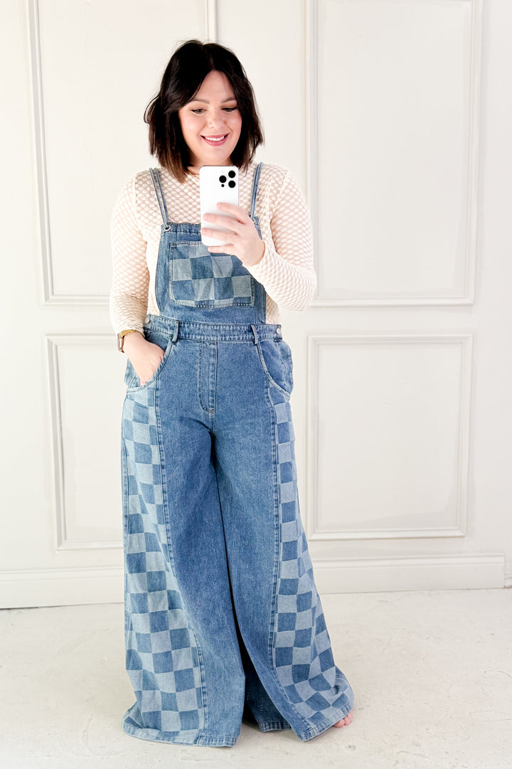 Checker Mix Denim Wide Leg Overall Jumpsuit