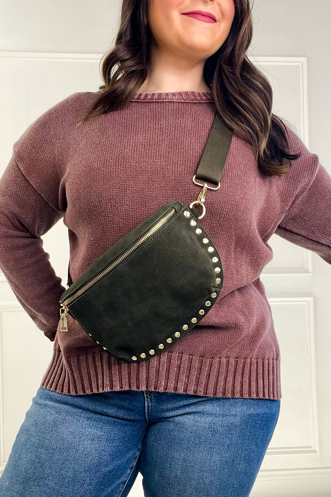 Suede Studded Crossbody Sling Bag