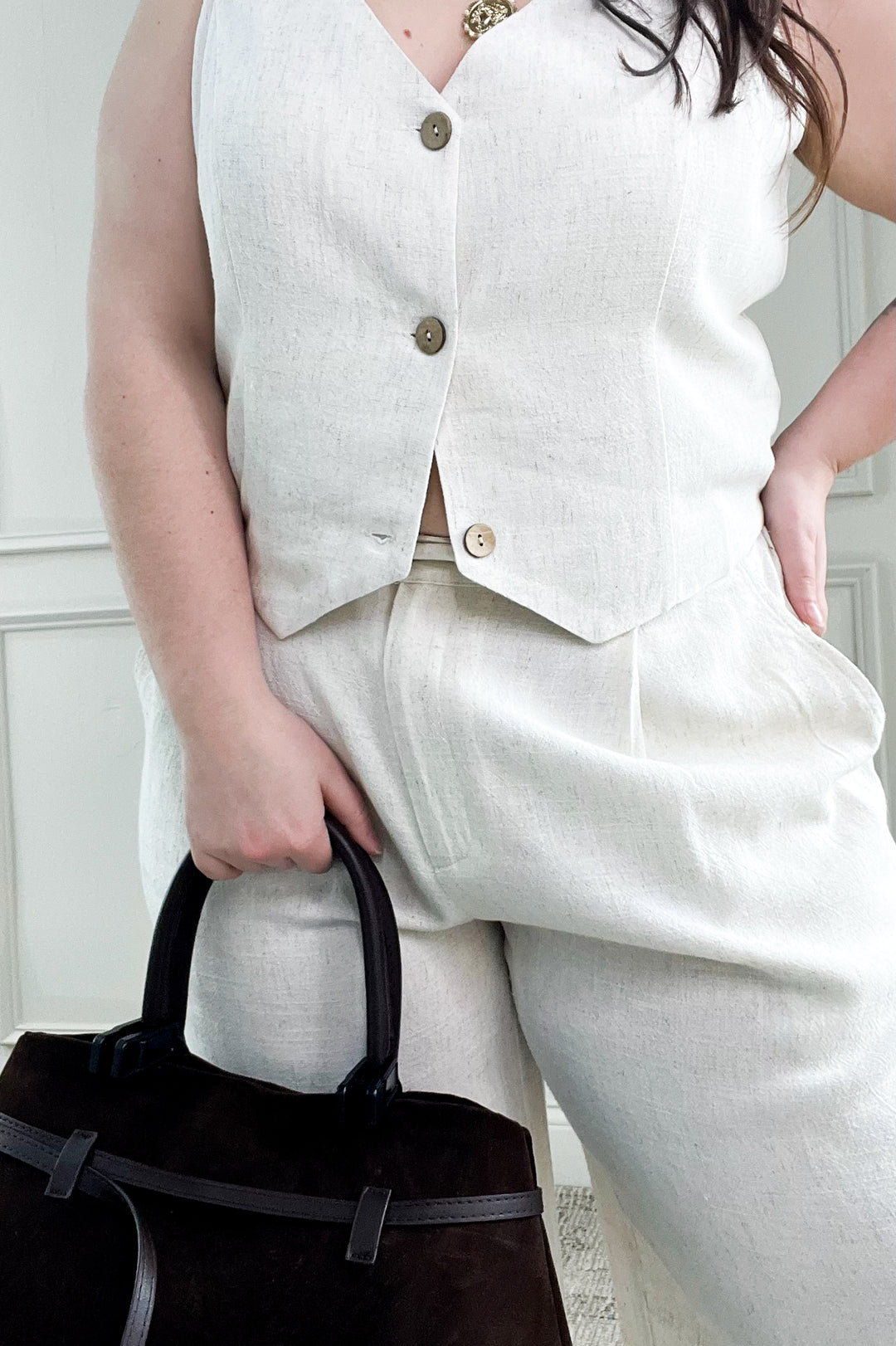 Linen Cropped Button Down Vest