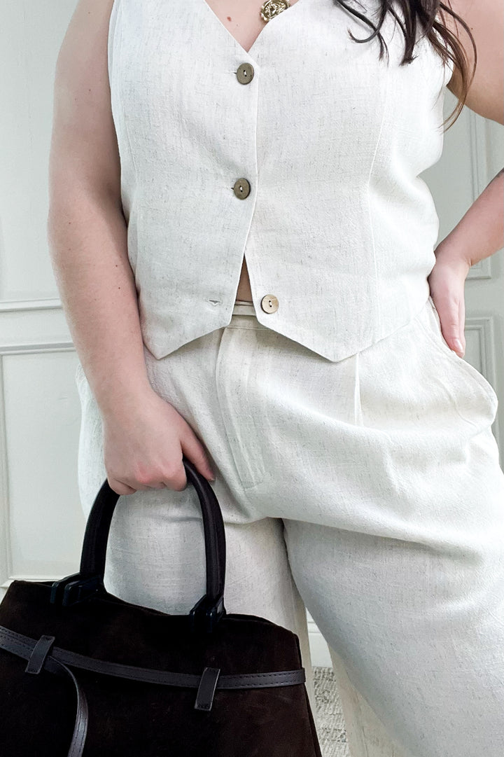Linen Cropped Button Down Vest