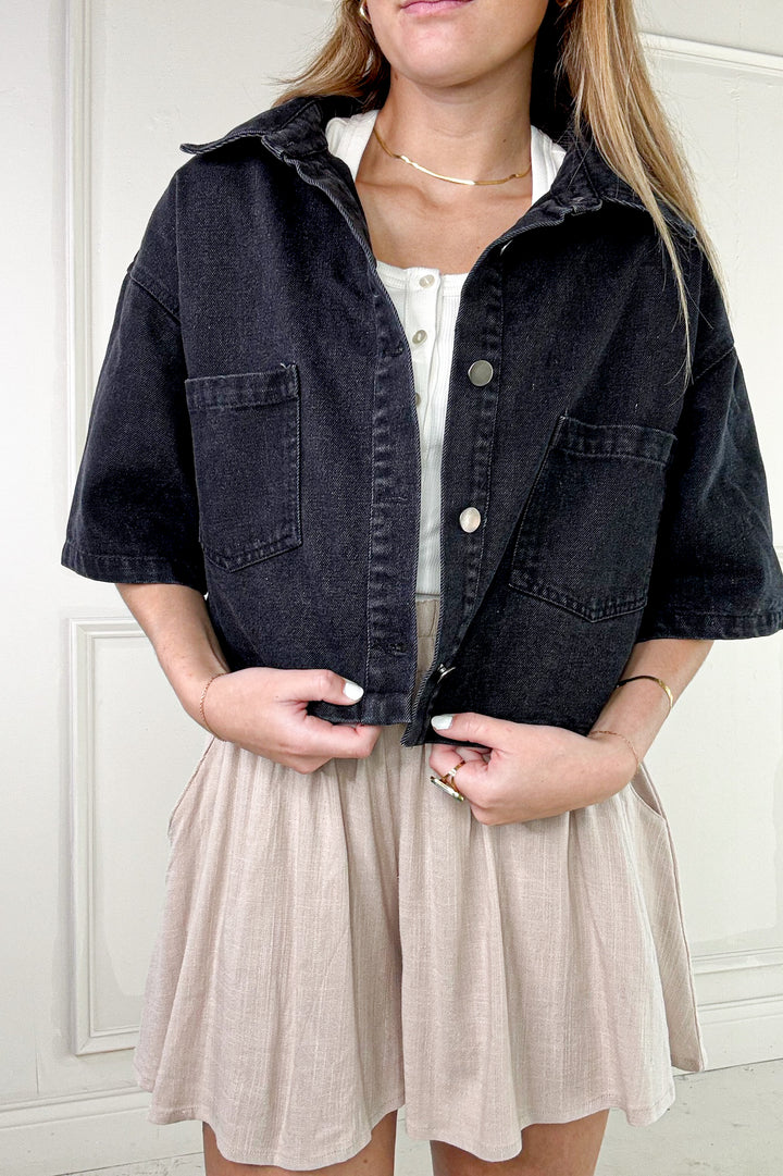 Button Up Short Sleeve Denim Crop Jacket