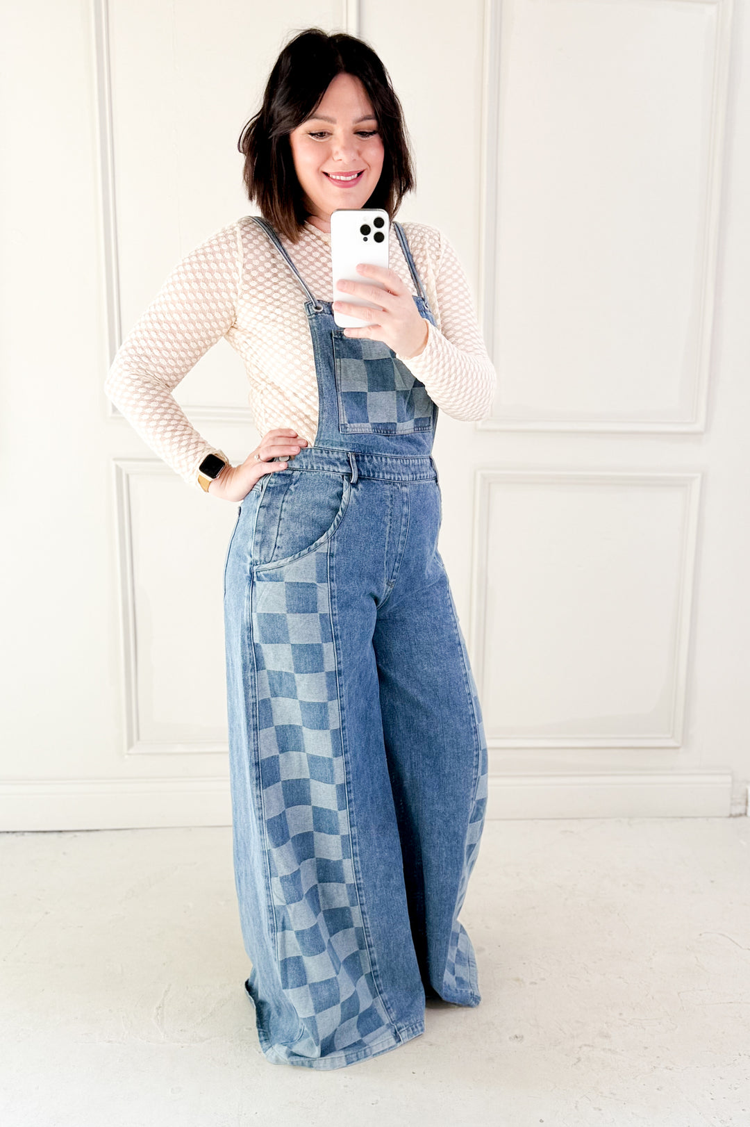 Checker Mix Denim Wide Leg Overall Jumpsuit
