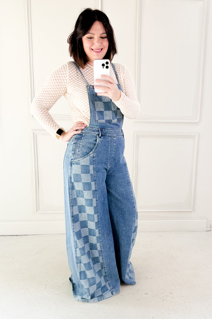 Checker Mix Denim Wide Leg Overall Jumpsuit