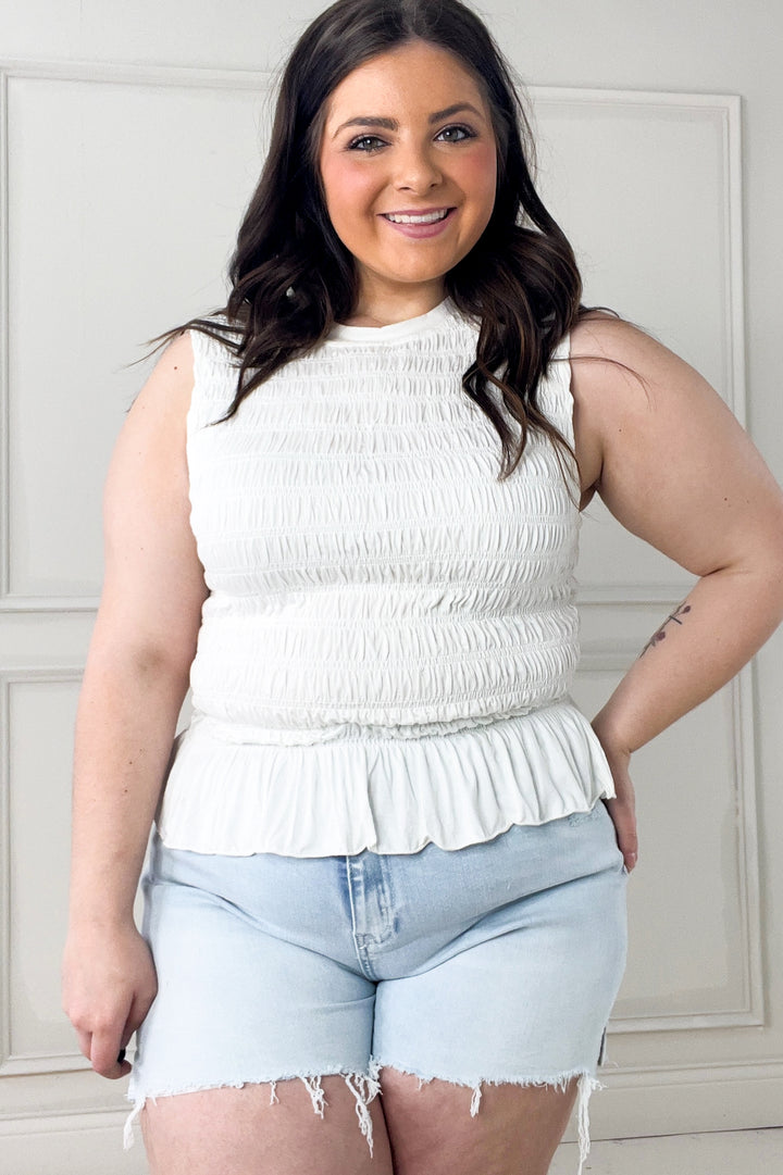 Smocked Ruffle Hem Knit Tank Top