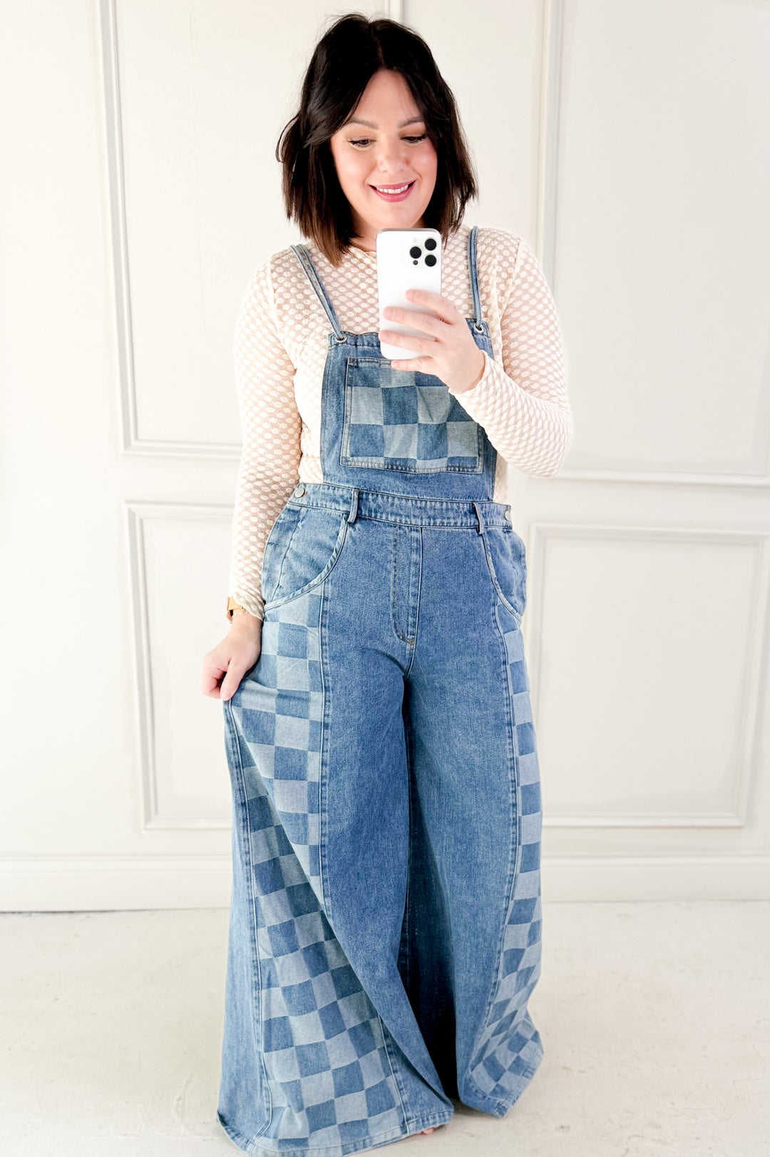 Checker Mix Denim Wide Leg Overall Jumpsuit