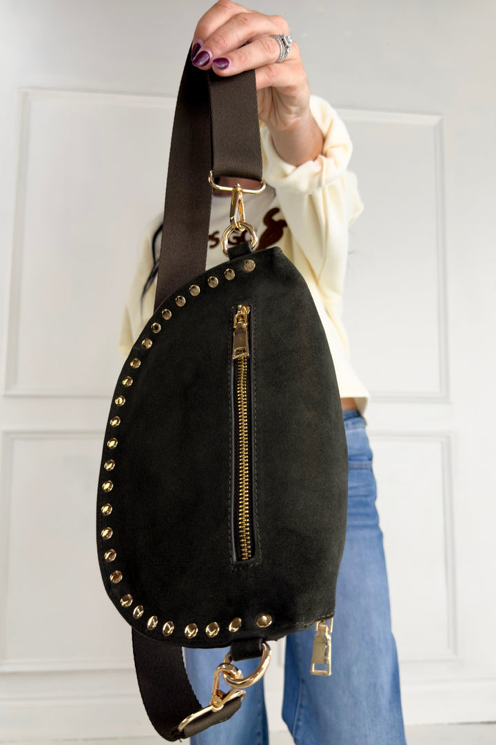 Suede Studded Crossbody Sling Bag