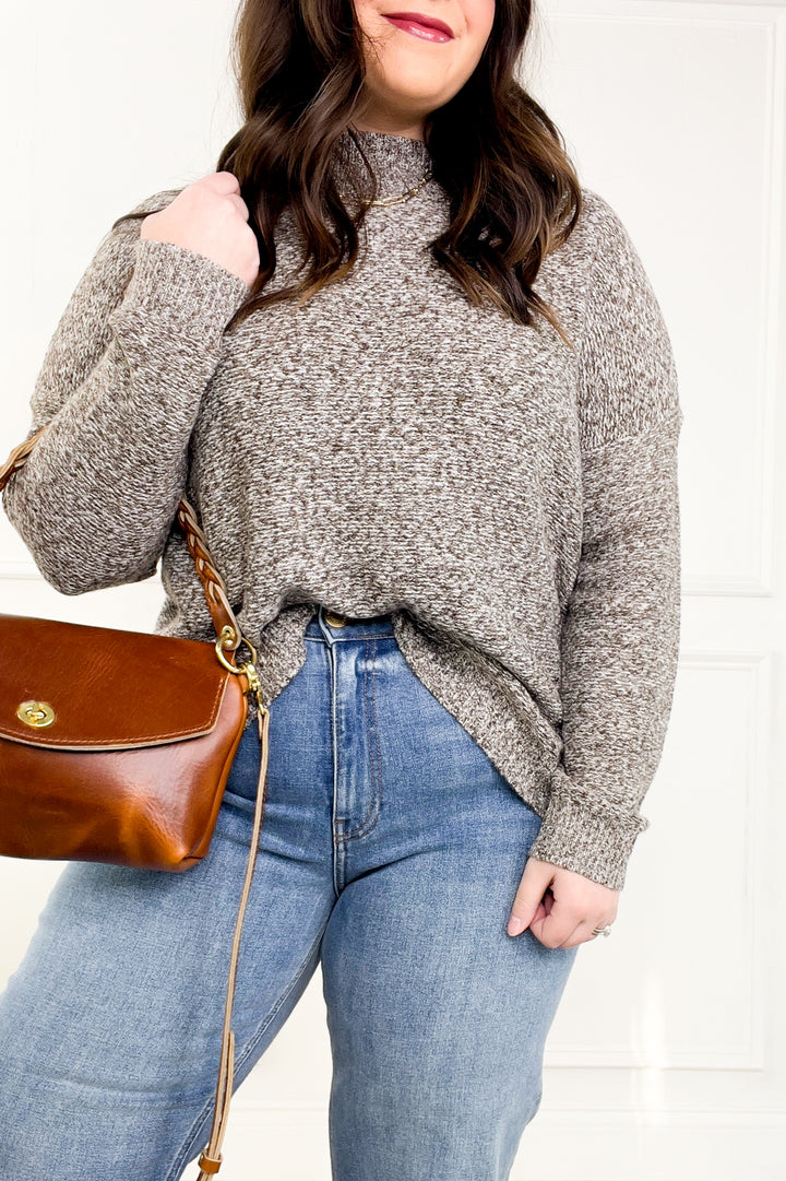 Mock Neck Long Sleeve Marled Boxy Pullover Sweater