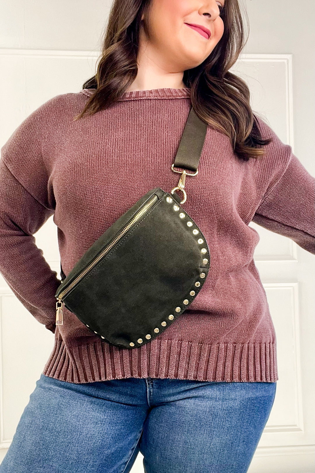 Suede Studded Crossbody Sling Bag