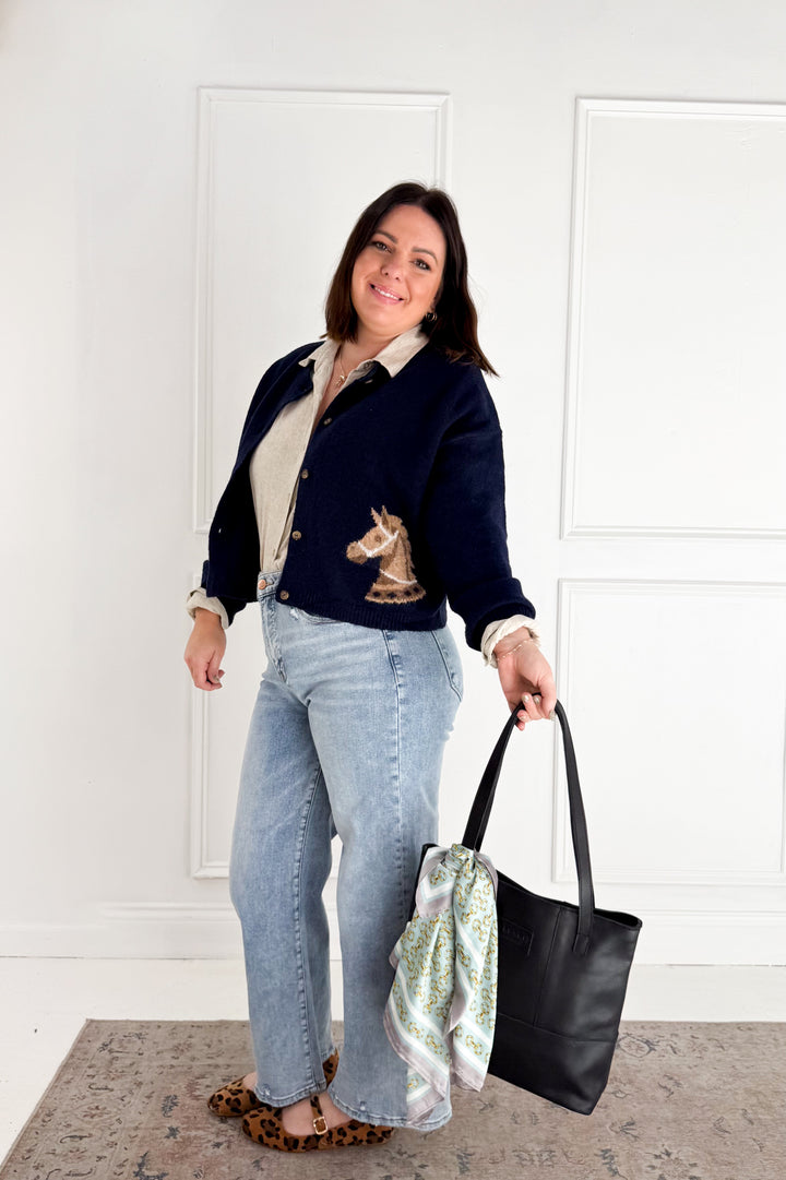 Horse Jacquard Long Sleeve Button Down Cardigan