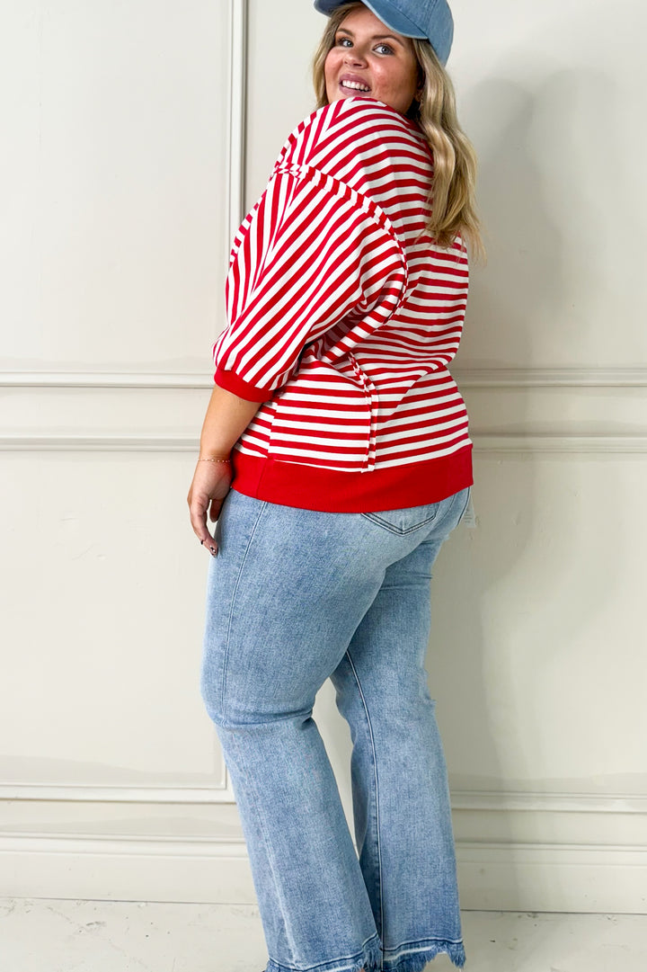 Striped 3/4 Sleeve Pullover Curvy Top