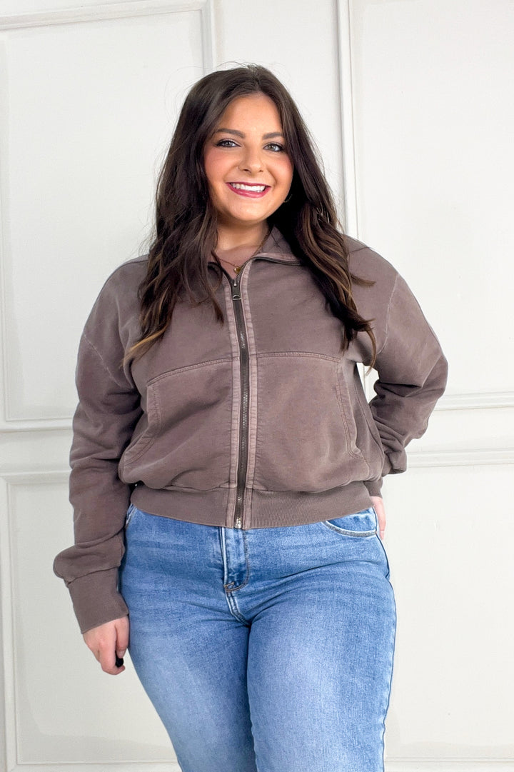 Acid Wash High Collar Zip Up Sweatshirt