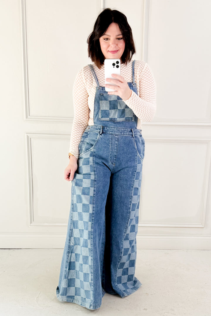 Checker Mix Denim Wide Leg Overall Jumpsuit