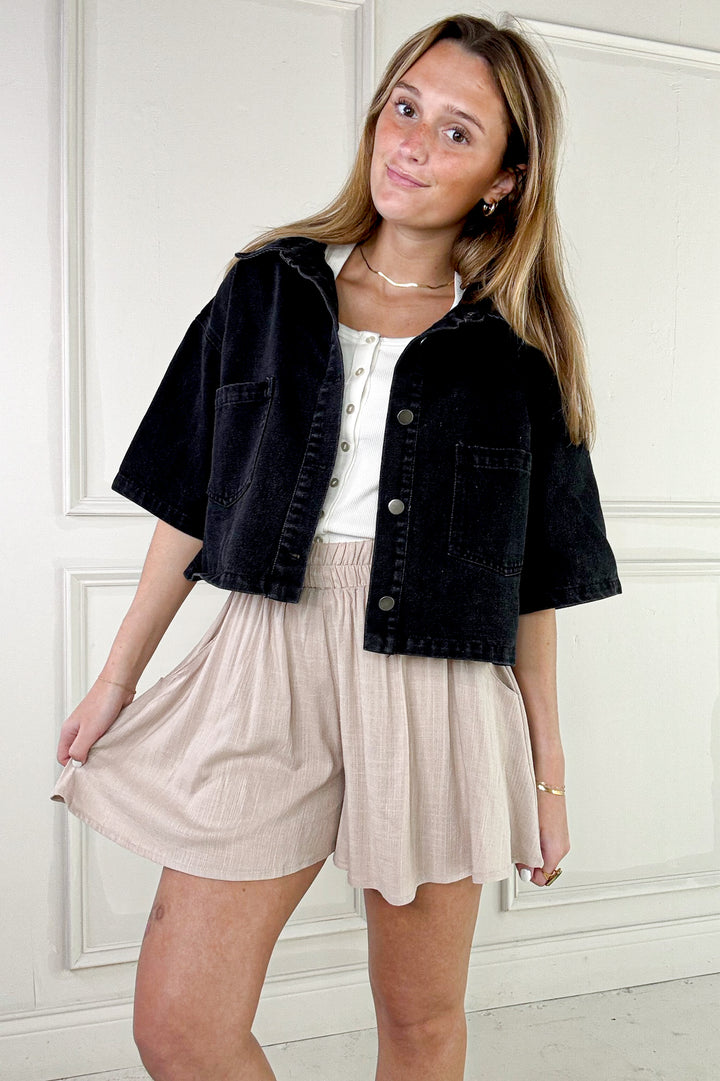 Button Up Short Sleeve Denim Crop Jacket