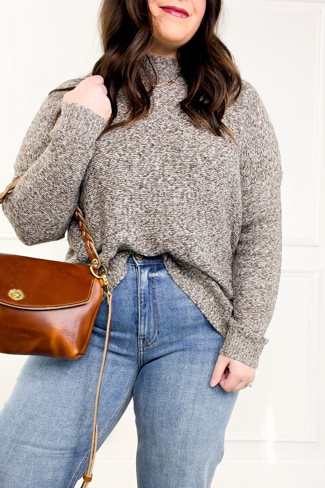 Mock Neck Long Sleeve Marled Boxy Pullover Sweater