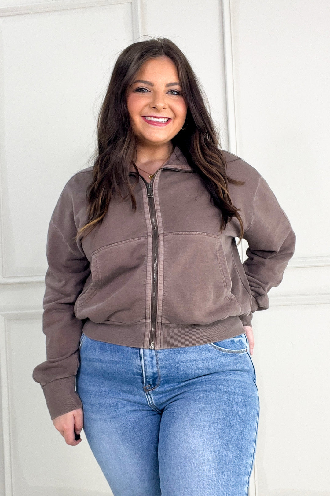 Acid Wash High Collar Zip Up Sweatshirt