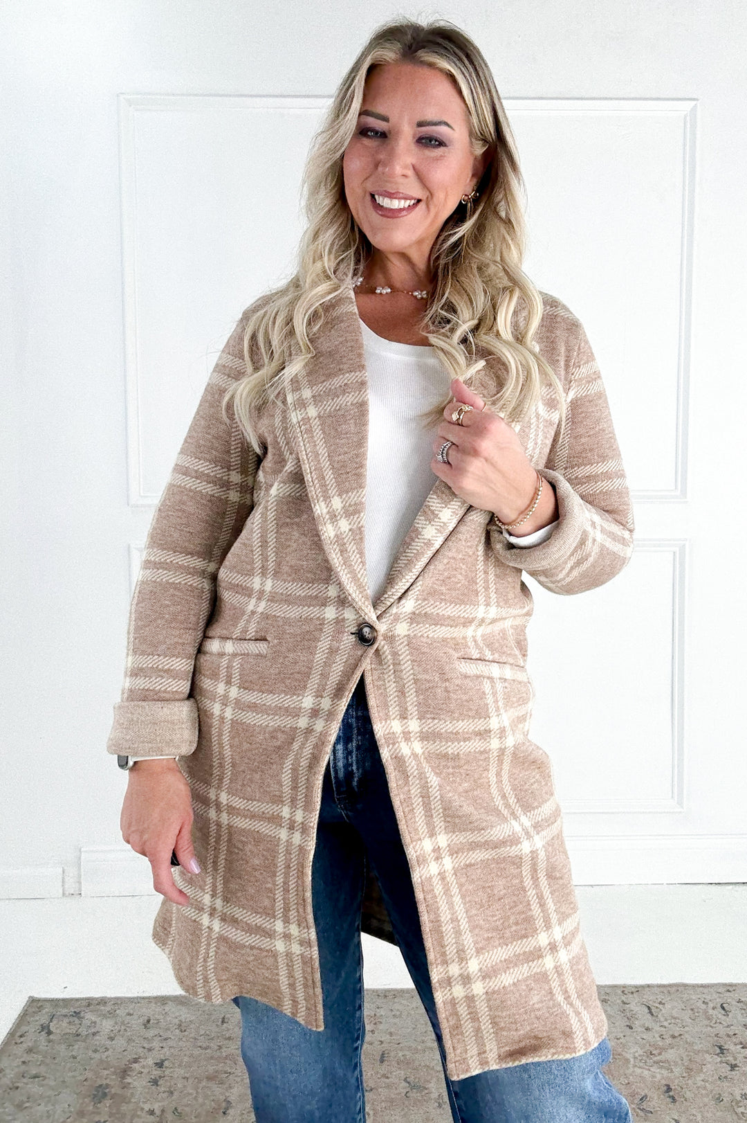 Kenzie Lapel Plaid Longline Coat