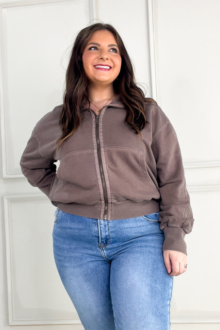 Acid Wash High Collar Zip Up Sweatshirt