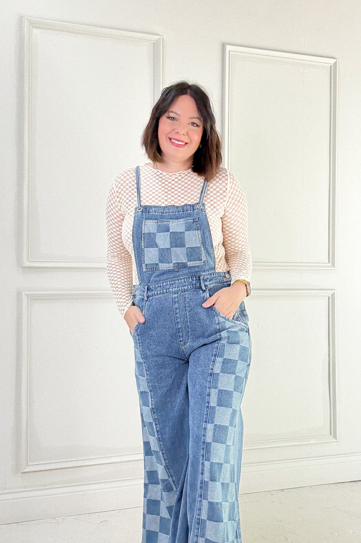 Checker Mix Denim Wide Leg Overall Jumpsuit