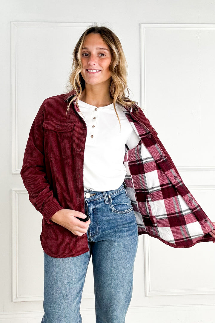 Plaid Lined Corduroy Flannel Shacket