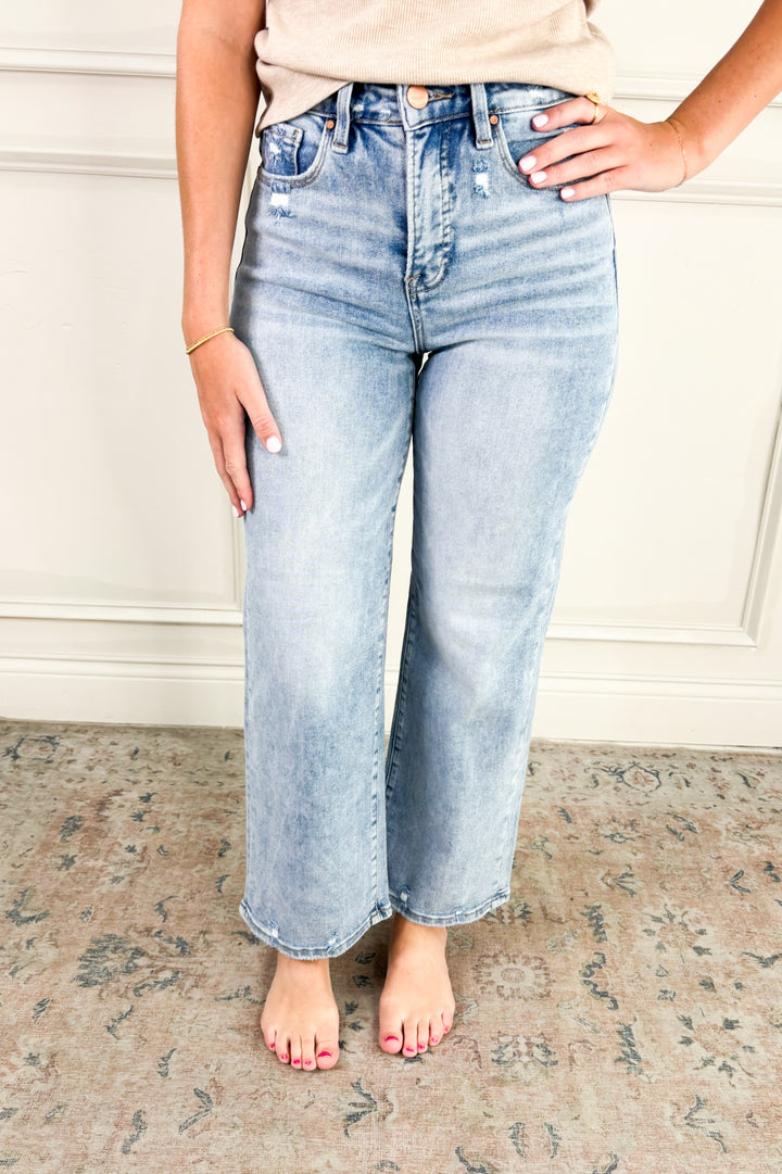 Risen Tummy Control High Rise Crop Wide Jeans