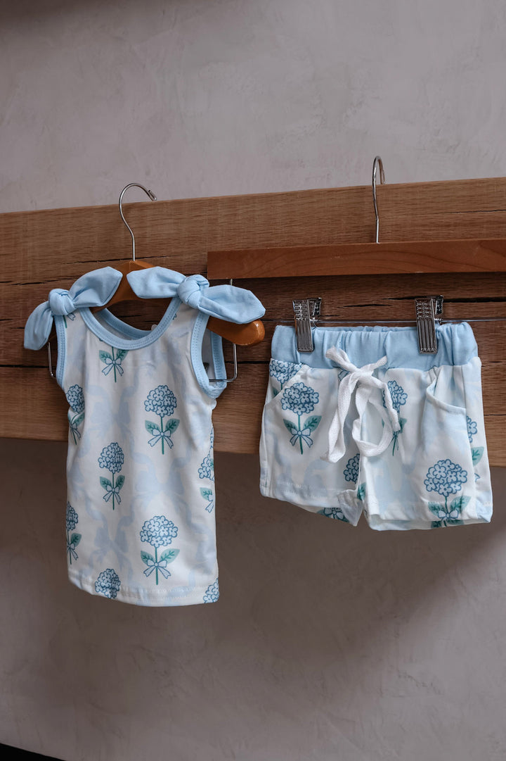 Girls Blue Flowers Bows Top & Shorts Set
