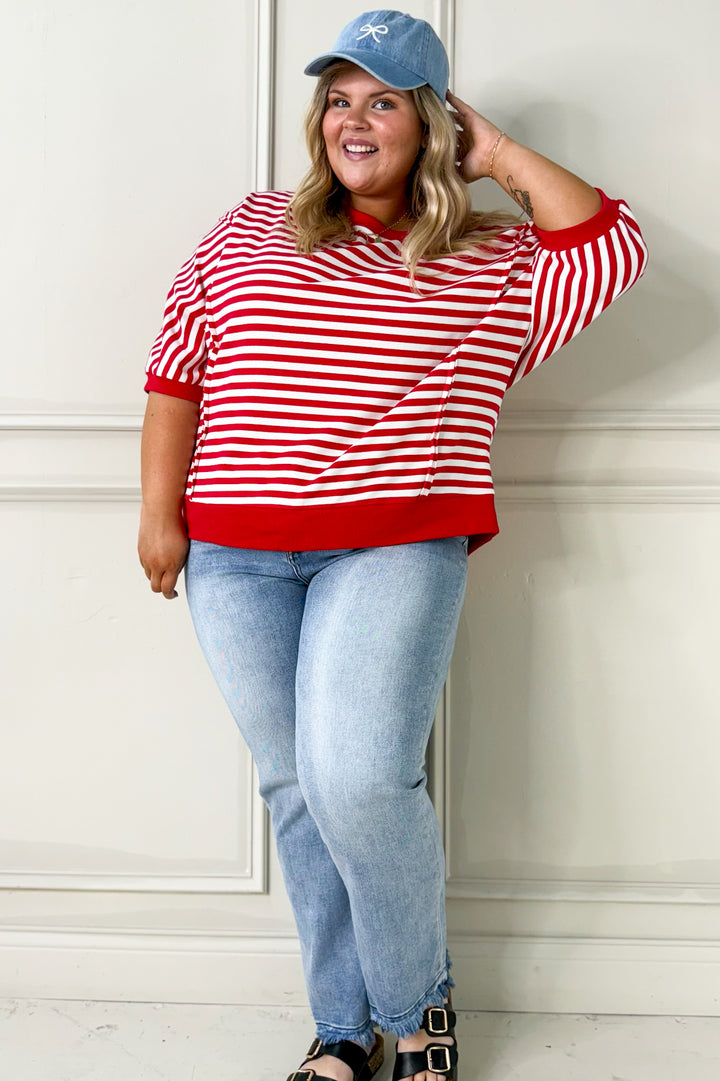 Striped 3/4 Sleeve Pullover Curvy Top