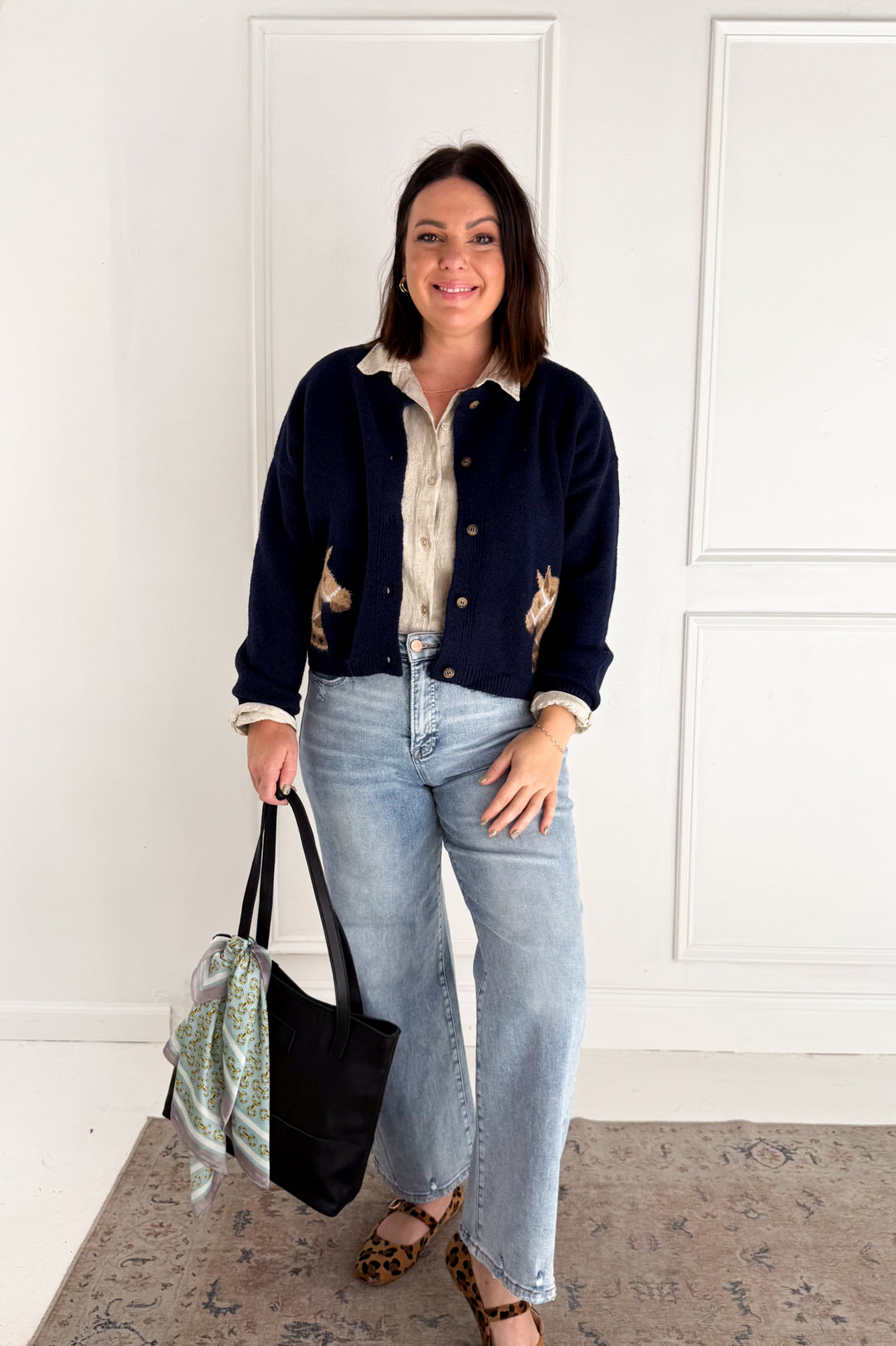 Horse Jacquard Long Sleeve Button Down Cardigan