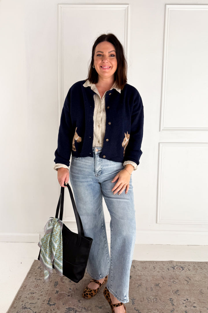 Horse Jacquard Long Sleeve Button Down Cardigan